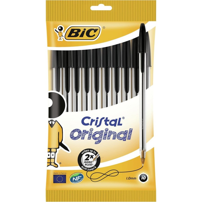 BIC Cristal Kugelschreiber – mittlere Stiftspitze – Stiftspitze im Spitzenstil – schwarze Tinte – transparenter Schaft – 10 Stück/Packung