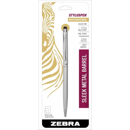 Zebra Pen StylusPen Twist Druckkugelschreiber, feine Spitze, 0,7 mm, schwarze Tinte, silberner Schaft, 1 Stück