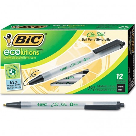 BIC CSEM11BK Ecolutions Clic Stic Druckkugelschreiber, schwarze Tinte, 1 mm, mittel, Dutzend