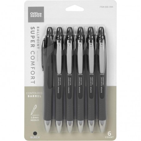 Office Depot® Druckkugelschreiber mit Griff, mittlere Spitze, 1,0 mm, schwarzer Schaft, schwarze Tinte, 6er-Pack