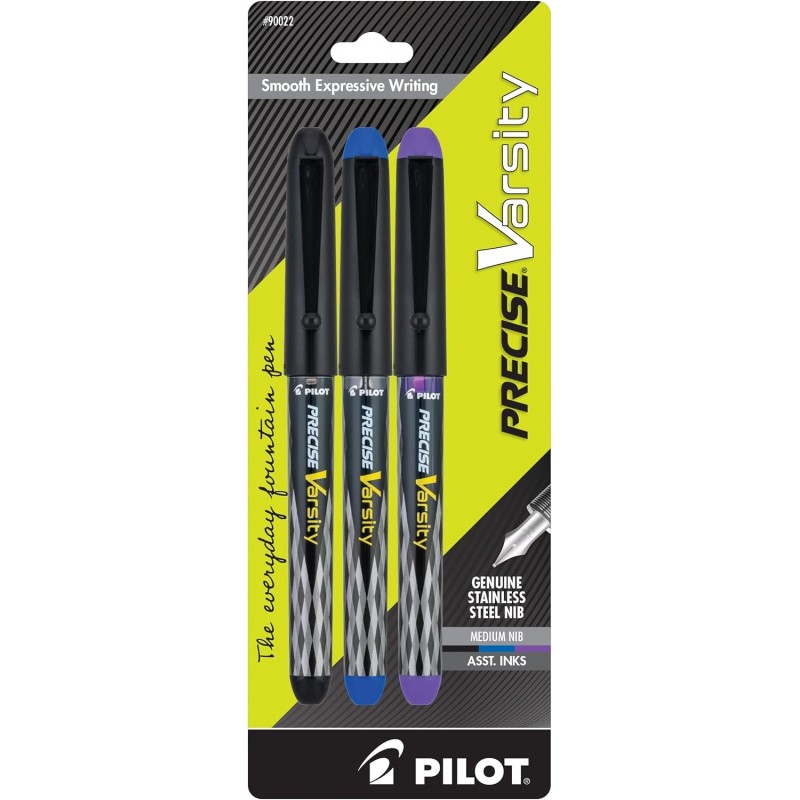 PILOT Precise Varsity Füllfederhalter, vorgefüllt, Edelstahlfeder mit mittlerer Spitze, schwarze/blaue/violette Tinte, 3er-Pack (90022)