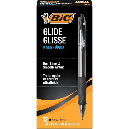 BIC Glide Bold Black Kugelschreiber, dicke Spitze (1,6 mm), 12er-Packung, Druckkugelschreiber mit komfortablem, vollem Griff