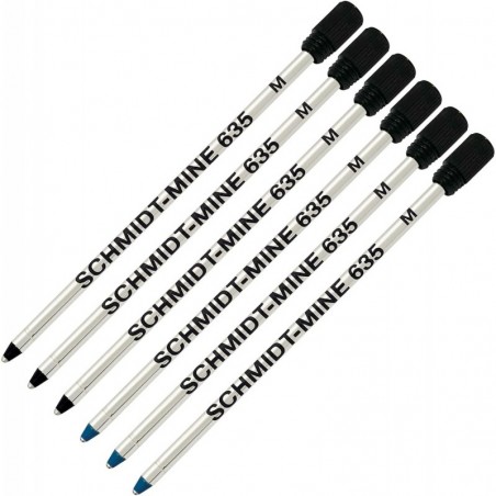 Schmidt 635 D1 Minen-Kugelschreibermine, Blau, schwarze Tinte, mittlere Spitze 0,7 mm, 6er-Pack (mit Kunststoff-Endkappe)