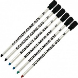 Schmidt 635 D1 Mine-Kugelschreibermine, schwarze, blaue, grüne, rote Tinte, mittlere Spitze 0,7 mm, 6er-Packung (mit Kunststoff-Endkappe)