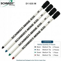 Schmidt 635 D1 Mine-Kugelschreibermine, schwarze, blaue, grüne, rote Tinte, mittlere Spitze 0,7 mm, 6er-Packung (mit Kunststoff-Endkappe)