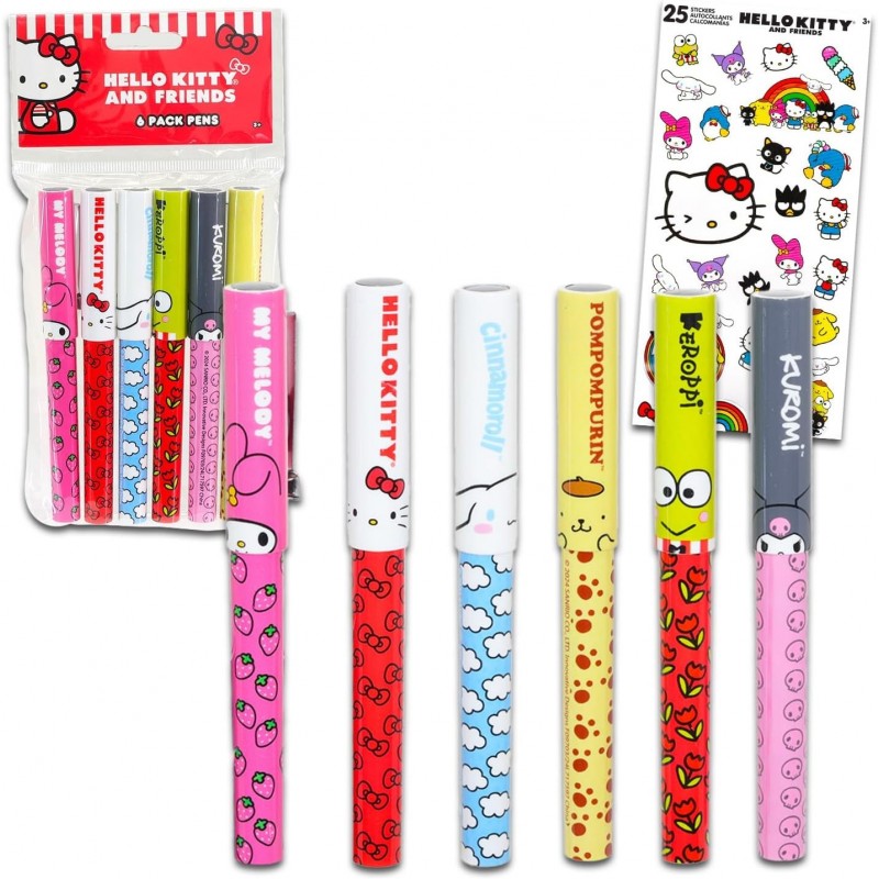 Hello Kitty-Stifte für Kinder, Erwachsene – 6-teiliges Hello Kitty-Kugelschreiber-Geschenkpaket mit Hello Kitty, My Melody, Kuromi und mehr sowie Aufklebern | Hello Kitty-Schulbedarfsset