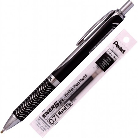 Pentel Energel Alloy RT Gelstift, Kugelschreiber mit mittlerer Spitze und Metallspitze, schwarze Tinte + Mine (schwarzer Korpus)