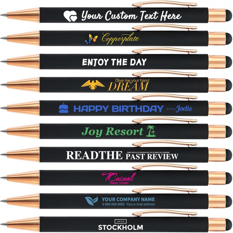 Personalisierte Stifte mit Stylus – Individuell gravierte Stifte mit Namen, Logo und Nachricht und schwarzer Tinte – Tolles Geschenk für Büro, Lehrer und Studenten, 10 Stück/Packung, Schwarz