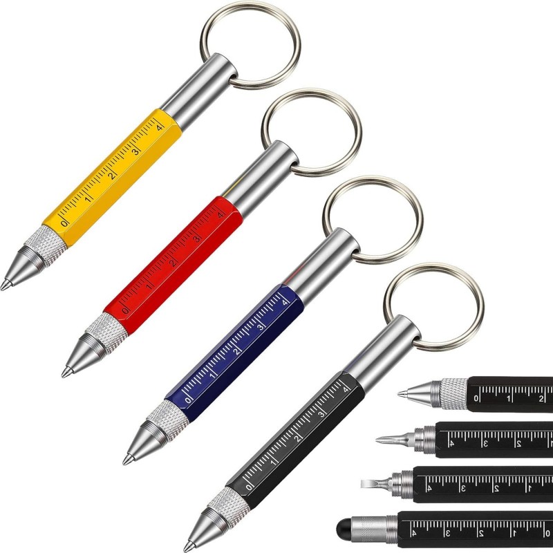 Zonon 4 Stück 6-in-1 Multitool Tech Tool Pen Schlüsselanhänger Schraubendreher Stift mit Lineal, Zweikopf-Kugelschreiberminen Metallwerkzeugstift für Büropersonal, Bauarbeiter, Rot, Gelb, Blau, Schwarz