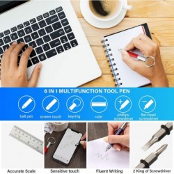 Zonon 4 Stück 6-in-1 Multitool Tech Tool Pen Schlüsselanhänger Schraubendreher Stift mit Lineal, Zweikopf-Kugelschreiberminen Metallwerkzeugstift für Büropersonal, Bauarbeiter, Rot, Gelb, Blau, Schwarz