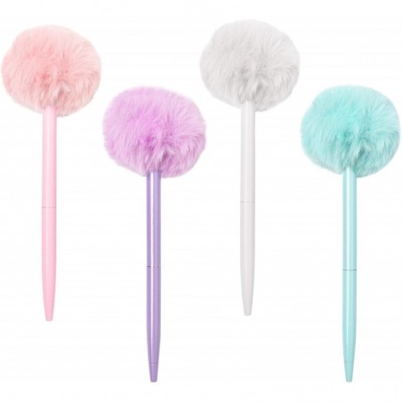 Pom Pom Kugelschreiber, 4 Stück, flauschige Kugelschreiber, süßer Kawaii-Stift, schwarze Gel-Tinten-Kugelschreiber für Büro- und Schulbedarf, Lila, Grün, Rosa, Weiß