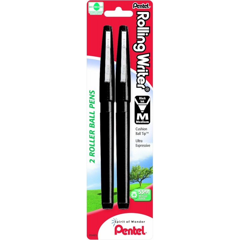 Pentel Rolling Writer Tintenroller, mittlere Linie, schwarze Tinte, 2er-Pack (R100BP2A)