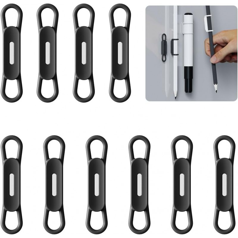 WALLFID 10er-Pack magnetische Stifthalter-Clips aus Silikon – ideal für Gel-Tintenstifte oder trocken abwischbare Marker, kompatibel mit Schreibtisch, Kühlschrank, Whiteboard, Klemmbrett – inkl. Magnetfolie (schwarz, 10er-Pack)