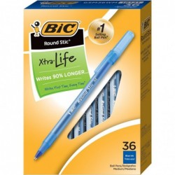 BIC Round Stic Xtra Life Kugelschreiber, blau, mittlere Spitze (1,0 mm), 36er-Packung mit Stiften, flexibler runder Schaft für Schreibkomfort, meistverkaufte Kugelschreiber