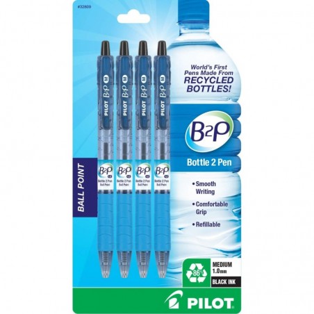 PILOT B2P - Bottle-to-Pen - nachfüllbarer und einziehbarer Kugelschreiber aus recycelten Flaschen, mittlere Spitze, schwarze Tinte, 4er-Pack (32809)