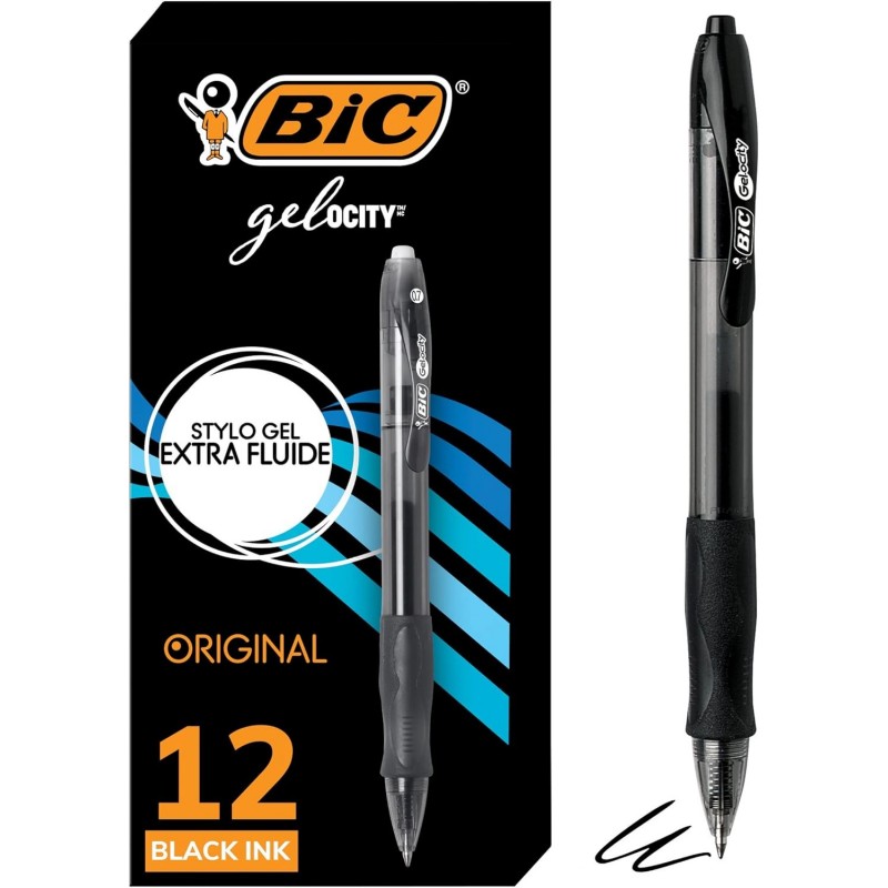 BIC Gelocity Original Black Gelstifte, mittlere Spitze (0,7 mm), 12er-Packung, einziehbare Gelstifte mit bequemem Griff