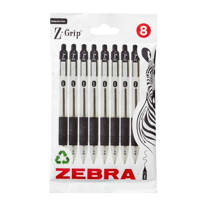 Zebra Pen Z Grip schwarze Kugelschreiber mit Taschenclip, 8er-Pack, Druckkugelschreiber mit schwarzer Tinte, zuverlässige schwarze Kugelschreiber im Multipack für den alltäglichen Gebrauch, neue Packungsgröße 8er-Pack