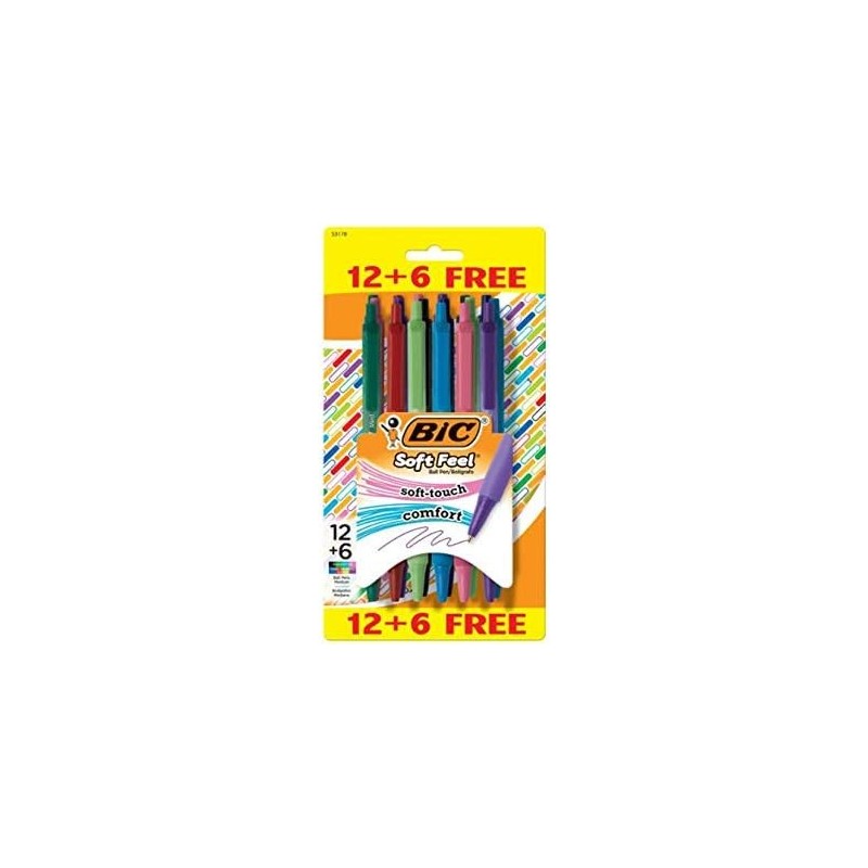 BIC Soft Feel Druckkugelschreiber, Soft-Touch-Komfortgriff, mittlere Spitze, 1,0 mm, 8 verschiedene Farben, 12+6er-Pack