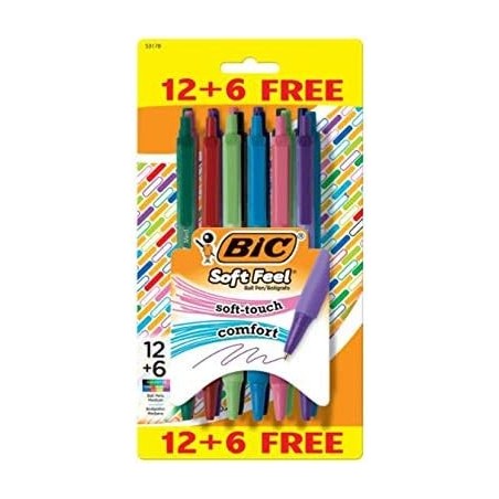 BIC Soft Feel Druckkugelschreiber, Soft-Touch-Komfortgriff, mittlere Spitze, 1,0 mm, 8 verschiedene Farben, 12+6er-Pack