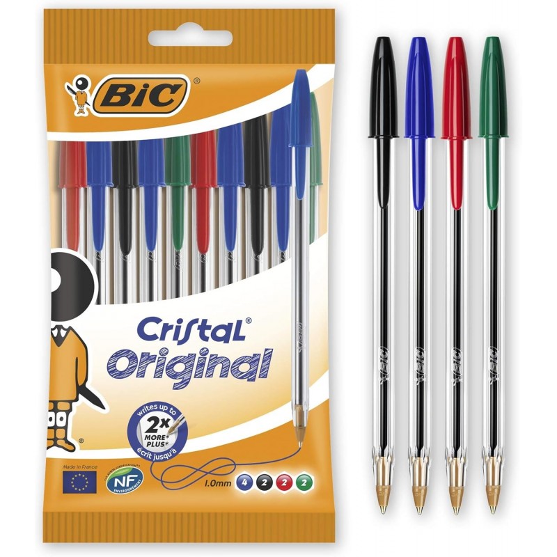 BIC Cristal Original Kugelschreiber, Kugelschreiber für den täglichen Gebrauch, feine Spitze (1,0 mm), ideal für die Schule, verschiedene Farben, 10er-Pack