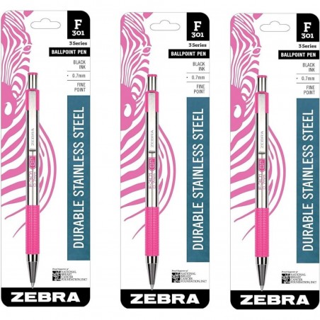 Zebra F-301 Druckkugelschreiber aus Edelstahl, 0,7 mm, rosa BCA-Schaft, schwarze Tinte (3)