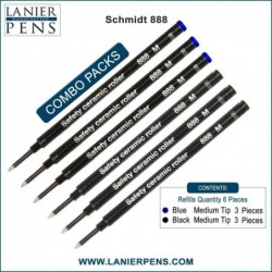 6er-Pack - Schmidt 888 M Sicherheits-Keramik-Rollerball-Mine, blaue/schwarze Tinte, mittlere Spitze