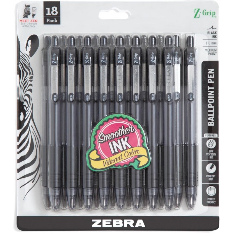 Zebra Pen Z-Grip Druckkugelschreiber, mittlere Spitze, schwarze Tinte, 18er-Pack, Modellnummer: 22218