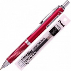 Pentel Energel Alloy RT Gelstift, Kugelschreiber mit mittlerer Spitze und Metallspitze, schwarze Tinte + Mine (roter Korpus)