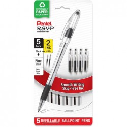 Pentel RSVP Kugelschreiber mit feiner Spitze und schwarzer Tinte, 0,7 mm, 5 Stück Stifte mit 2 Minen