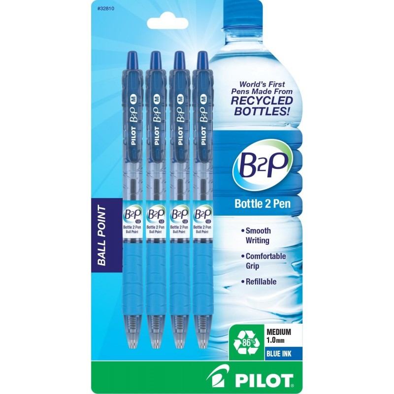 PILOT Bottle-2-Pen (B2P) Druckkugelschreiber aus recycelten Flaschen (4 Stück), mittlere Spitze, blaue Kugelschreibertinte, nachfüllbar, angenehmer Griff (32810)