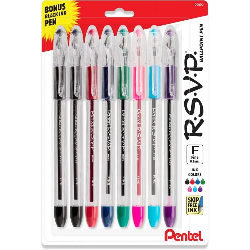 Pentel RSVP Original Kugelschreiber, (0,7 mm) feine Linie, verschiedene Tintenfarben, transparenter Schaft, 8er-Pack mit Bonus-Schwarztintenstift