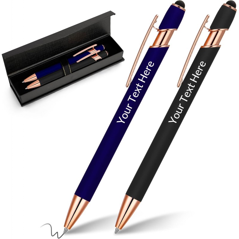 Personalisiertes Stifte-Geschenkset, 2er-Pack Soft-Touch-Metallstifte mit Geschenkbox, individuelle Kugelschreiber mit Stylus-Spitze, individuelle Geschenke für Geschäft, Schulabschluss, Geburtstag (Blau-Schwarz)