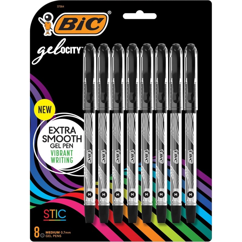 BIC Gel-ocity Smooth Stic Gelstift, mittlere Spitze (0,7 mm), schwarze Tinte, 8 Stück, leuchtende und glatte Geltintenstifte