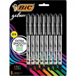 BIC Gel-ocity Smooth Stic Gelstift, mittlere Spitze (0,7 mm), schwarze Tinte, 8 Stück, leuchtende und glatte Geltintenstifte