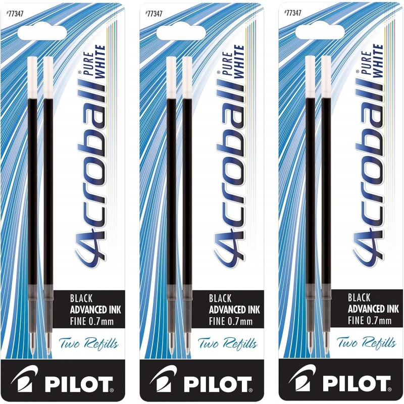 PILOT Acroball PureWhite Advanced-Tintennachfüllung für Druckstifte, feine Spitze, schwarze Tinte, 6er-Pack