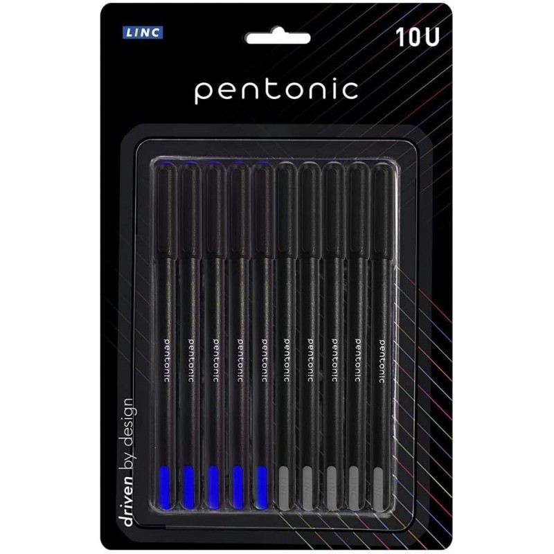 Pentonic Linc Kugelschreiber-Blisterpackung | Sanftes Schreiben | 0,7 mm | Combo 5 schwarze Tinte & 5 blaue Tinte | Schwarzer Korpus, 10er-Packung (LNPTPCS10BP)