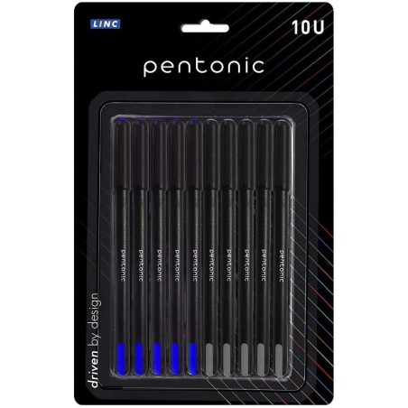 Pentonic Linc Kugelschreiber-Blisterpackung | Sanftes Schreiben | 0,7 mm | Combo 5 schwarze Tinte & 5 blaue Tinte | Schwarzer Korpus, 10er-Packung (LNPTPCS10BP)