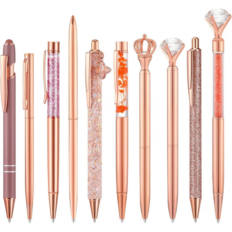 YASUOA 10-teiliges Kugelschreiber-Set in Roségold, schwarze Tinte, Kristall-Diamant-Stift, flüssiger Sand, Glitzerstifte, ausgefallene Stifte, Glitzerstifte für Frauen, Mädchen, Teenager, süße Stifte für Hochzeit, Schule, Büro (Stil 1, Roségold)