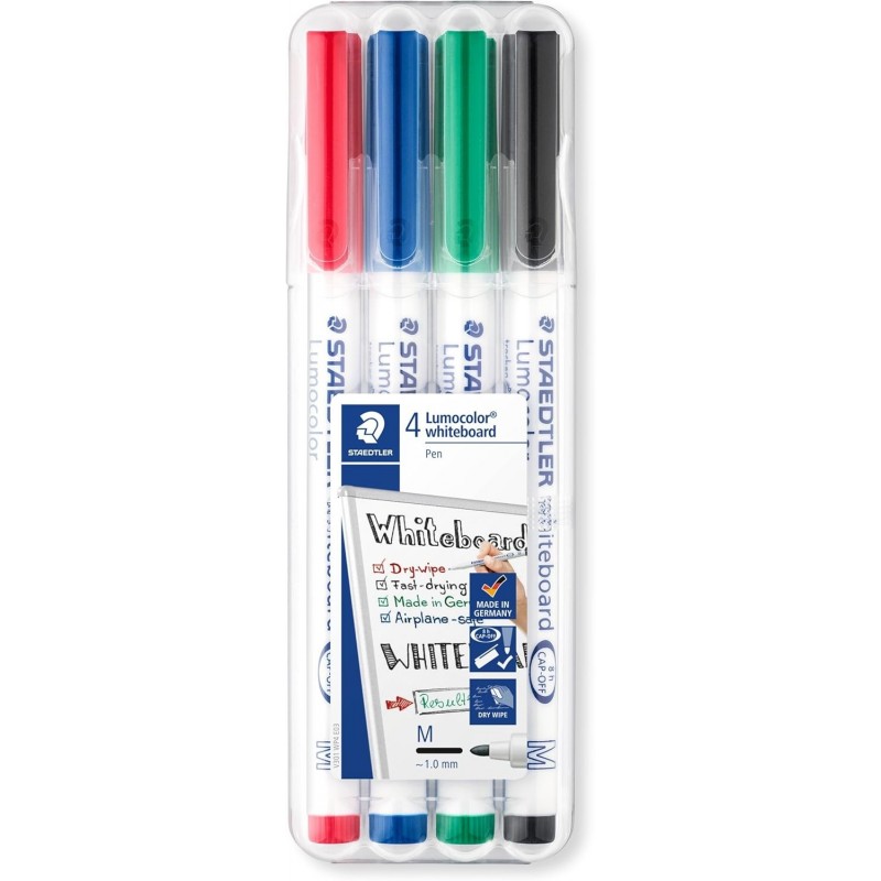 Staedtler Lumocolor Drywipe/Whiteboard Stifte mittlerer Spitze, Etui-Set mit 4 Markern