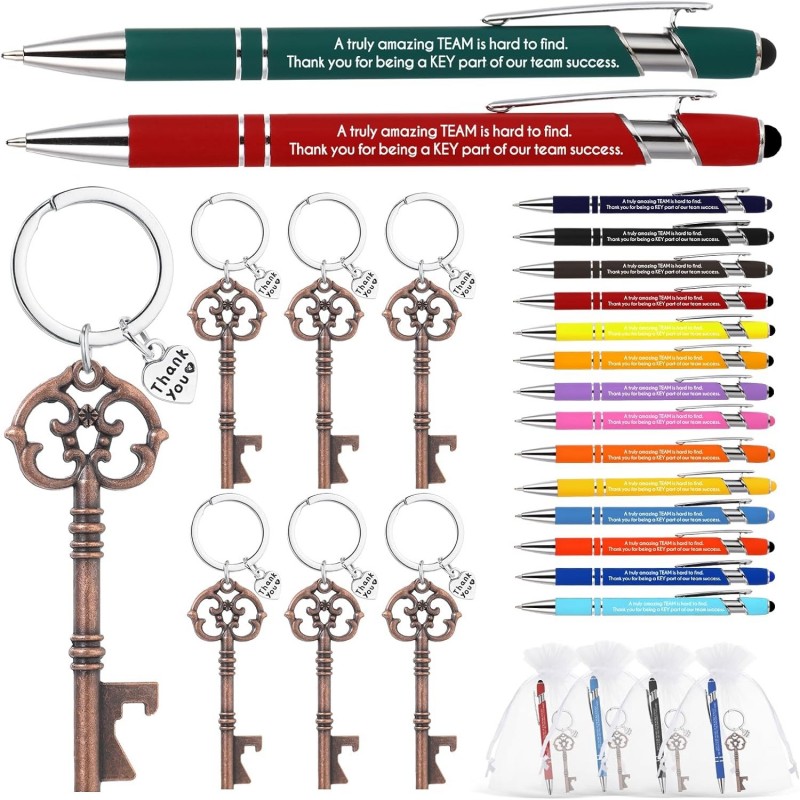 30 Sets Anerkennungsgeschenke für Mitarbeiter, inklusive Skelettschlüssel, Flaschenöffner, Dankeschön-Schlüsselanhänger, inspirierendem schwarzen Tintenstift und Organzabeutel für Kollegen, Mitarbeiter, Lehrer, Abschlussgeschenk