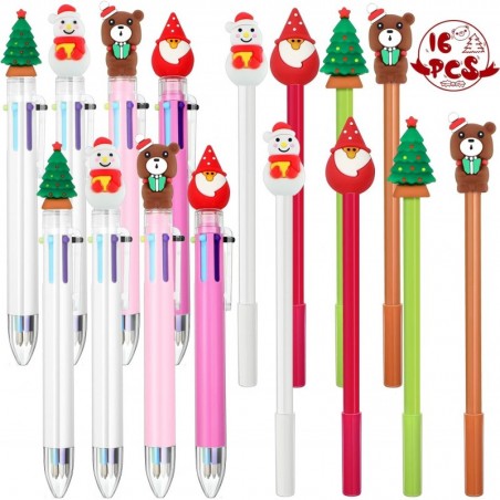 Outus 16-teiliges Weihnachtsstifte-Set, 8 Tintenroller mit Weihnachtsmotiven und 8 einziehbare mehrfarbige Weihnachtskugelschreiber für Kinder und Schüler, Schneemann/Rentier/Weihnachtsbaum/Weihnachtsmann