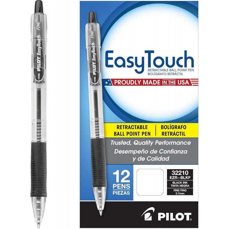 PILOT EasyTouch Nachfüllbare und einziehbare Kugelschreiber, feine Spitze, schwarze Tinte, 12er-Pack (32210)