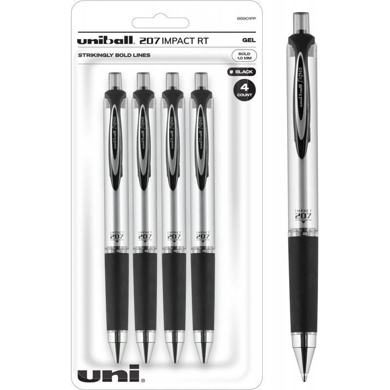 Uniball Signo 207 Impact RT Gelstift mit Druckfunktion, 4 schwarze Stifte, 1,0 mm Gelstifte mit dicker Spitze | Bürobedarf von Uni-ball Japanische Stifte, Farbstifte, feine Spitze, Stifte mit weicher Schreibspitze, Kugelschreiber