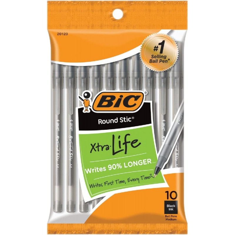 Bic Round Stic Kugelschreiber, mittlere Spitze, schwarze Tinte, 9 Stück