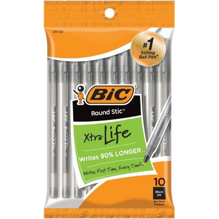 Bic Round Stic Kugelschreiber, mittlere Spitze, schwarze Tinte, 9 Stück