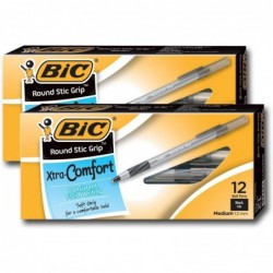 Bic Ultra Round Stic Grip Kugelschreiber, mittlere Spitze, 1,2 mm, schwarze Tinte (24 Stifte)