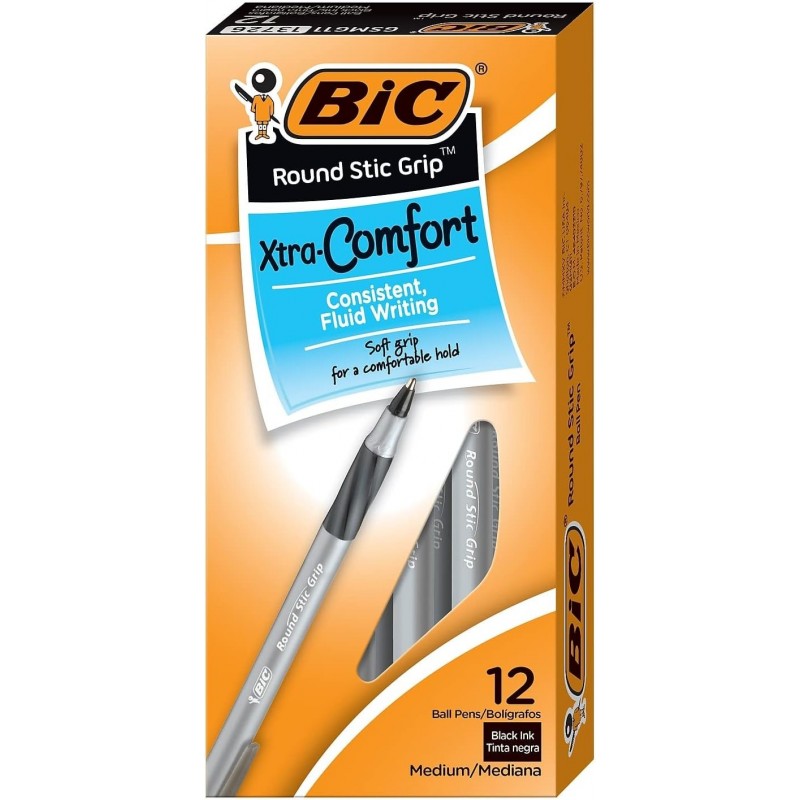 BIC GSMG11BK Runder Stic Grip Xtra Comfort Kugelschreiber, schwarze Tinte, 1,2 mm, mittel, Dutzend