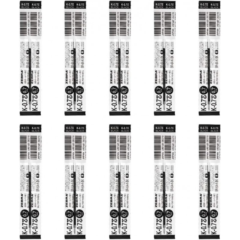 Zebra B-BR-6A-K-BK Kugelschreibermine auf Ölbasis, Jim Knock, K-0,7 Kern, schwarz, 10 Stück