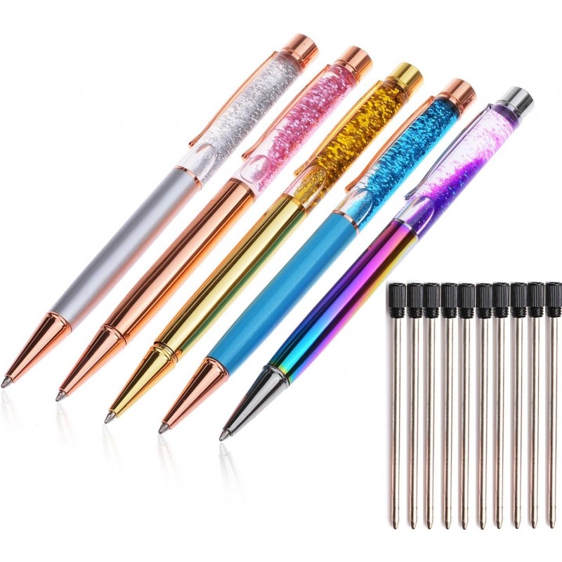 Liquid Sand Pen-Kugelschreiber, 5 Stück Metall-Stiftminen, Bling Dynamic Liquid Sand Pen, schwarze Tinte + 10 Stück 2,75-Zoll-Kugelschreiberminen (5 Farben)