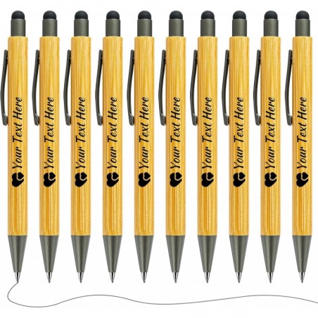 Personalisierter Stift aus Bambus mit Stylus – individuelle Kugelschreiber mit Namenstext und Logo für Büro, Schule, Geschäft und Zuhause, schwarze Tinte (10 Stück/Packung)